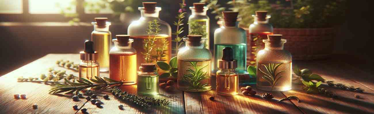 aceites esenciales en frascos en una mesa
